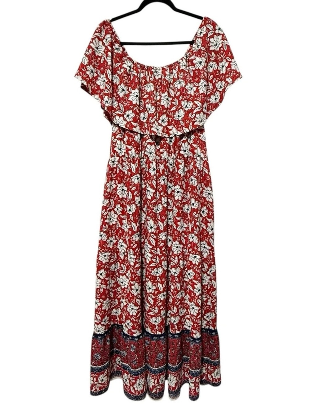 Cato Red Floral Off The Shoulder Boho Maxi Dress